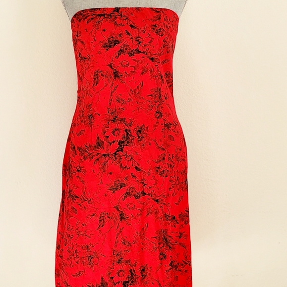 🖤VINTAGE 90s Peep Studio Rose Red Strapless Dress - Picture 5 of 9